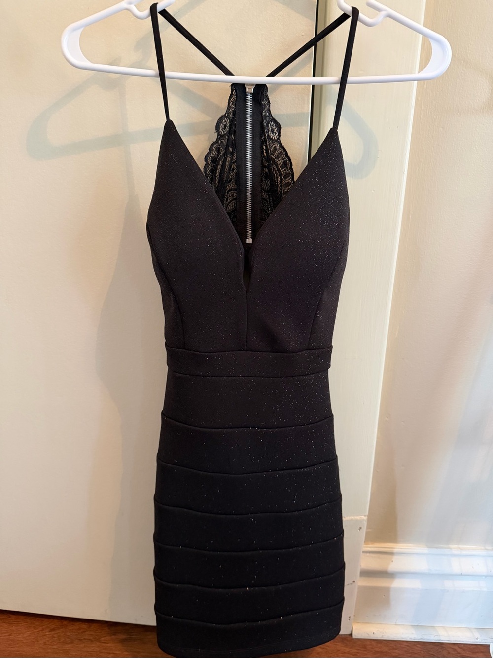Emerald Sundae Black Sparkle Lace-Back Mini Dress